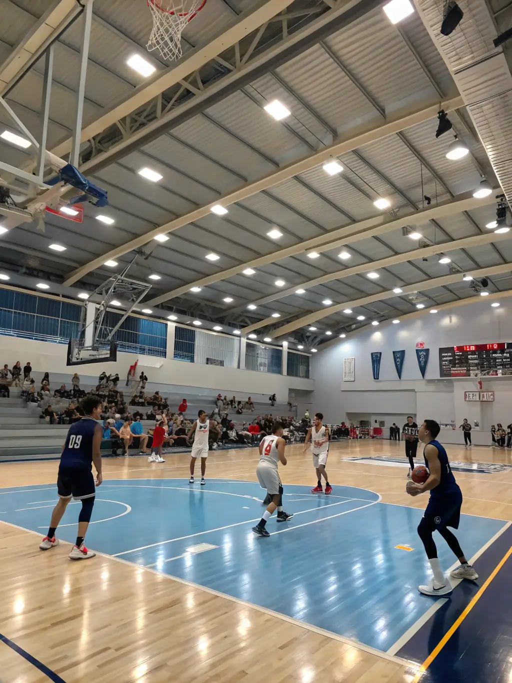An action shot of adults playing basketball in an indoor court, highlighting the competitive spirit and camaraderie.