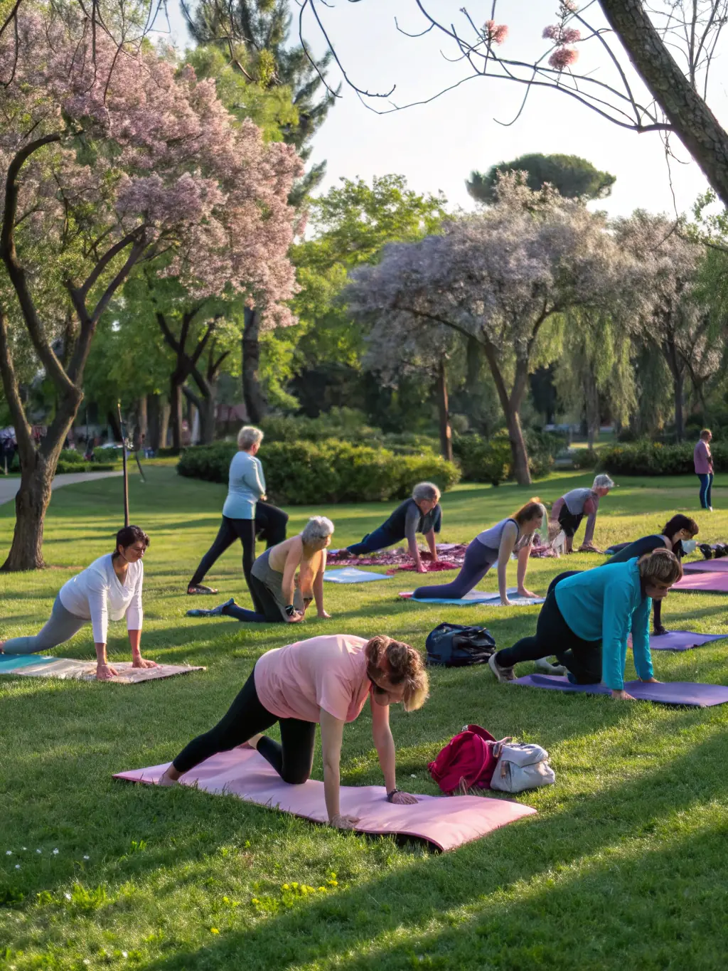 A group of people participating in a yoga class outdoors, showcasing relaxation and community engagement.